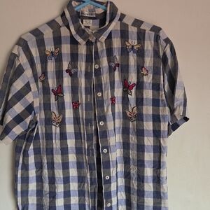 Women's Blue and White Checkered Shirt with Butterfly Embroidery